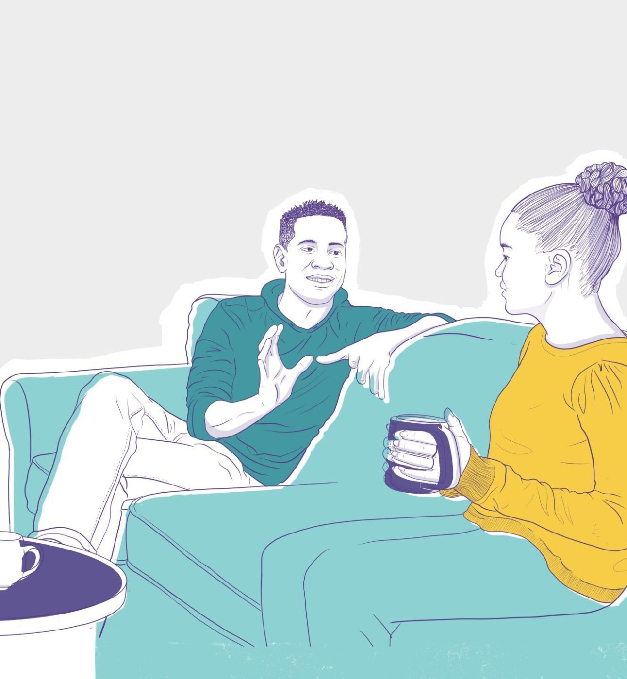 Illustration of a man and lady sitting together on a sofa talking